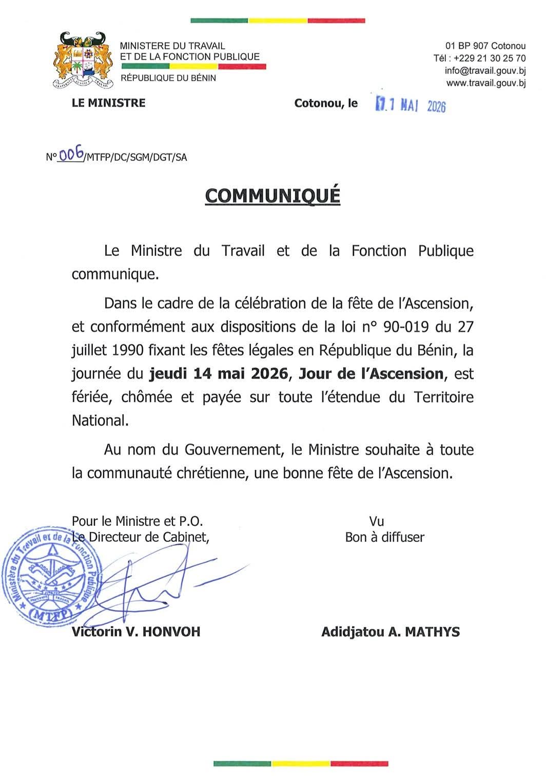 Bénin : Le 14 mai 2026 déclaré férié, chômé et payé pour la fête de l’Ascension